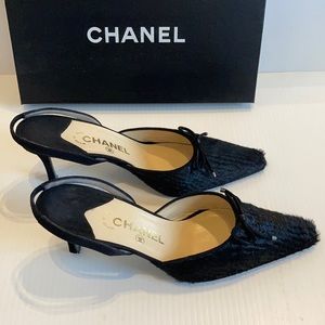 Chanel Slingbacks / Black Fur / Size 38.5